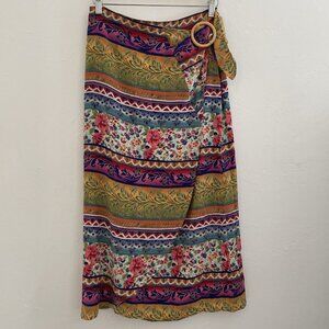 Vintage Y2K Express 100% Silk Floral Wrap Maxi Skirt Resort Wear Hawaii Size 7